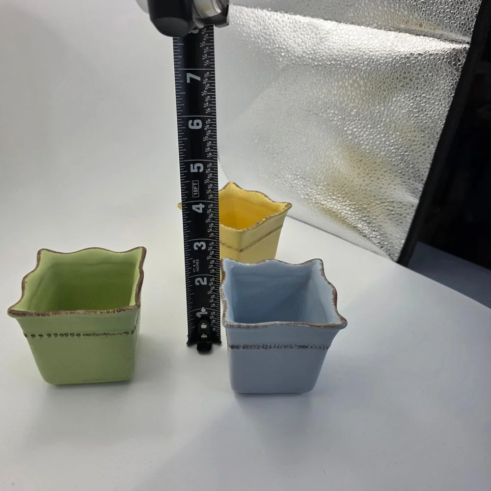 PartyLite Ceramic Votive Candle Holders Set of 3 Pastel Green Blue Yellow Square - Picture 4 of 7